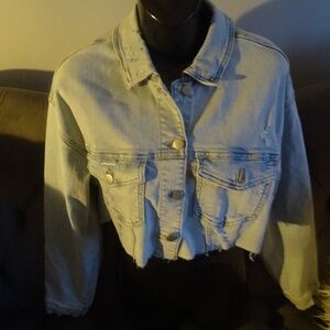 NEW WITH OUT TAGS SUKO JEANS CROPPED JEAN JACKET WITH FACTORY DISTRESSING